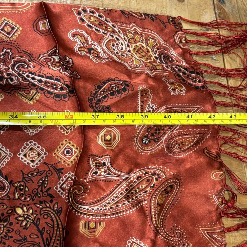 100% Silk‎ Scarf Rust Paisley Fringe Burnout Lightweight Accessory
